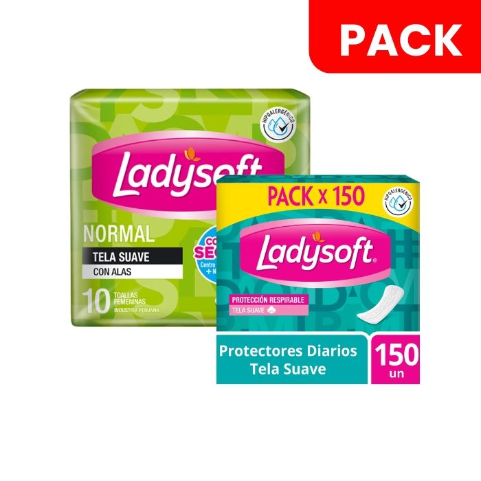 Pack Ladysoft Protectores Diarios 150 UN + Toalla Higiénica Normal Tela 10 UN